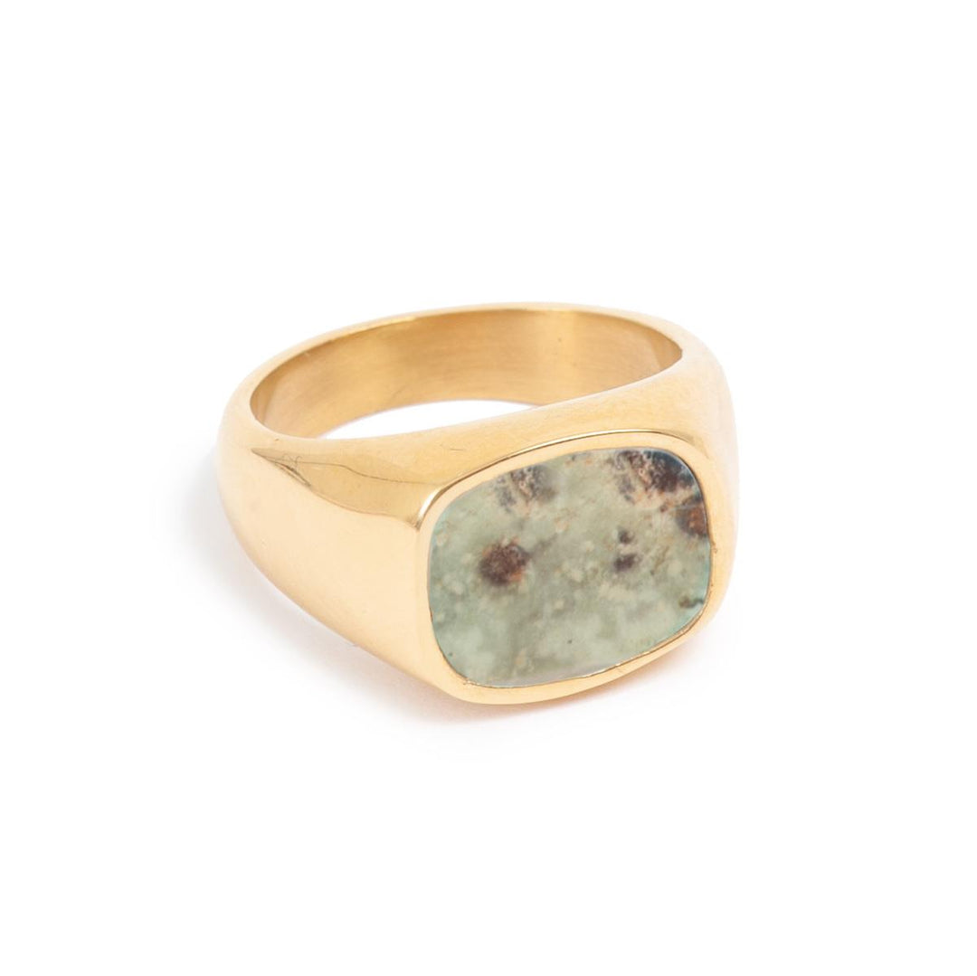 Ring Steel 14k signet GREEN MARBLE 56/60/64/68