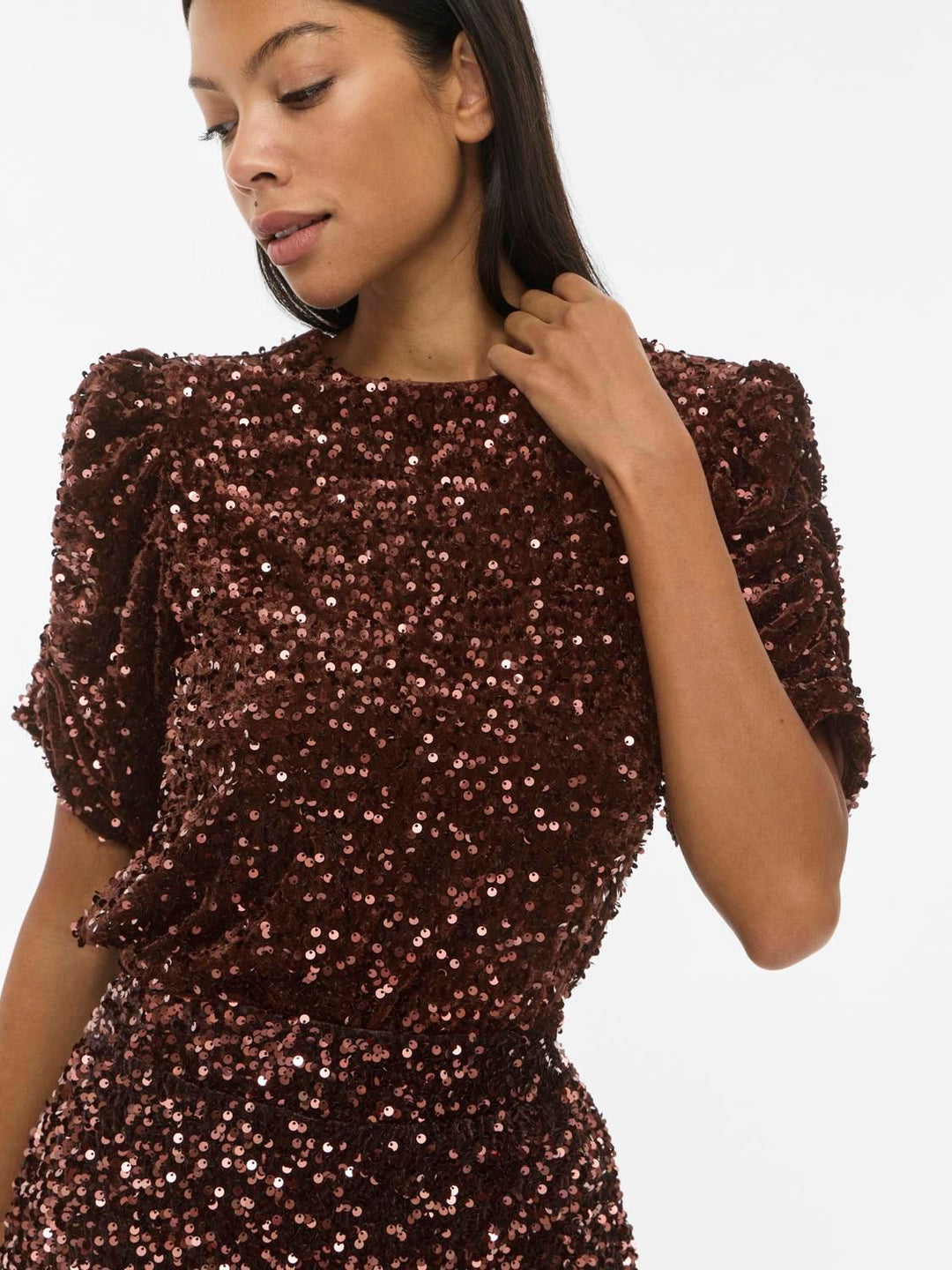 Vibelieve O-Neck Puff Sequins Top/1/ka