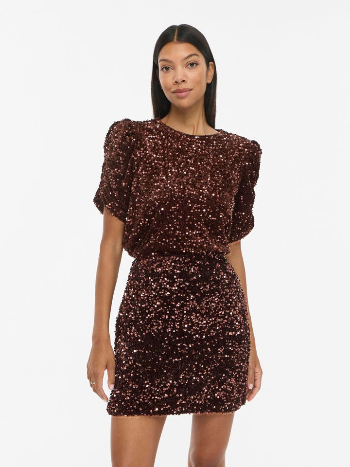 Vibelieve O-Neck Puff Sequins Top/1/ka