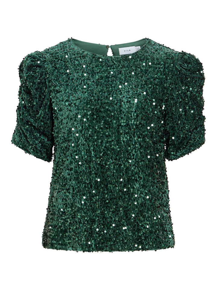 Vibelieve O-Neck Puff Sequins Top/1/ka